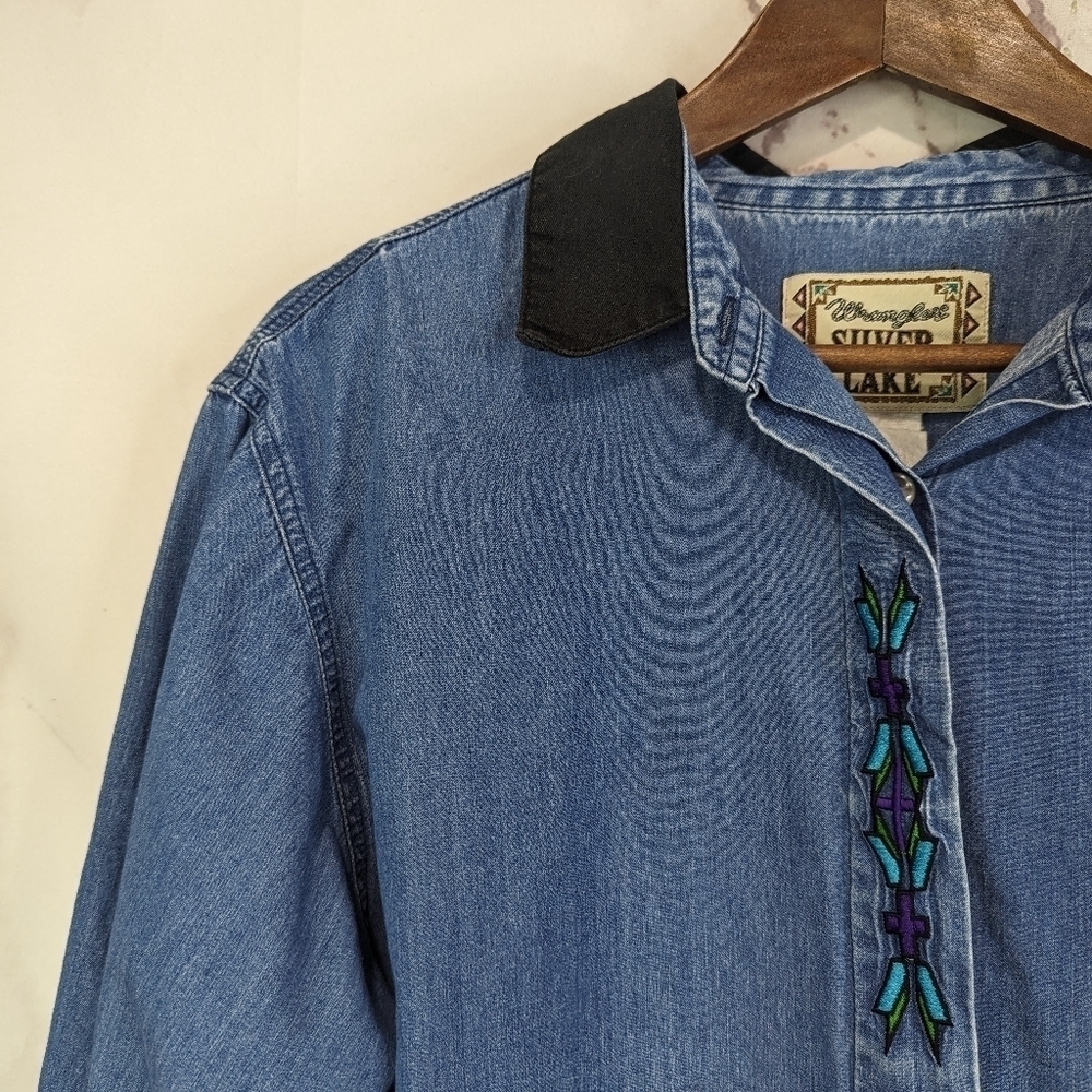 Vintage Wrangler Shirt Women XL 90s Button Embroidered Black Chambray Southwest - Picture 2 of 14